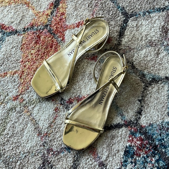 STUART WEITZMAN Soirée Metallic Gold Block Heels - 7 - Picture 10 of 10